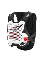 Alpinestars Tech-Air® MX System, colete de airbag autónomo off-road, branco e preto, placa de peito branca perfurada com logótipo preto, fivelas laterais vermelhas, estrutura em malha elástica preta, proteção avançada para motocross e supercross