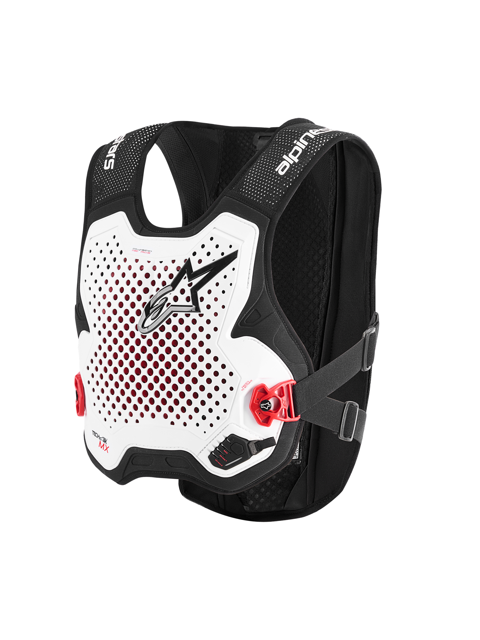 Alpinestars Tech-Air® MX System, Autonomous Off-Road Airbag Vest, White and Black, perforated white chest plate with black logo, red side buckles, black stretch mesh chassis, advanced motocross and supercross protection