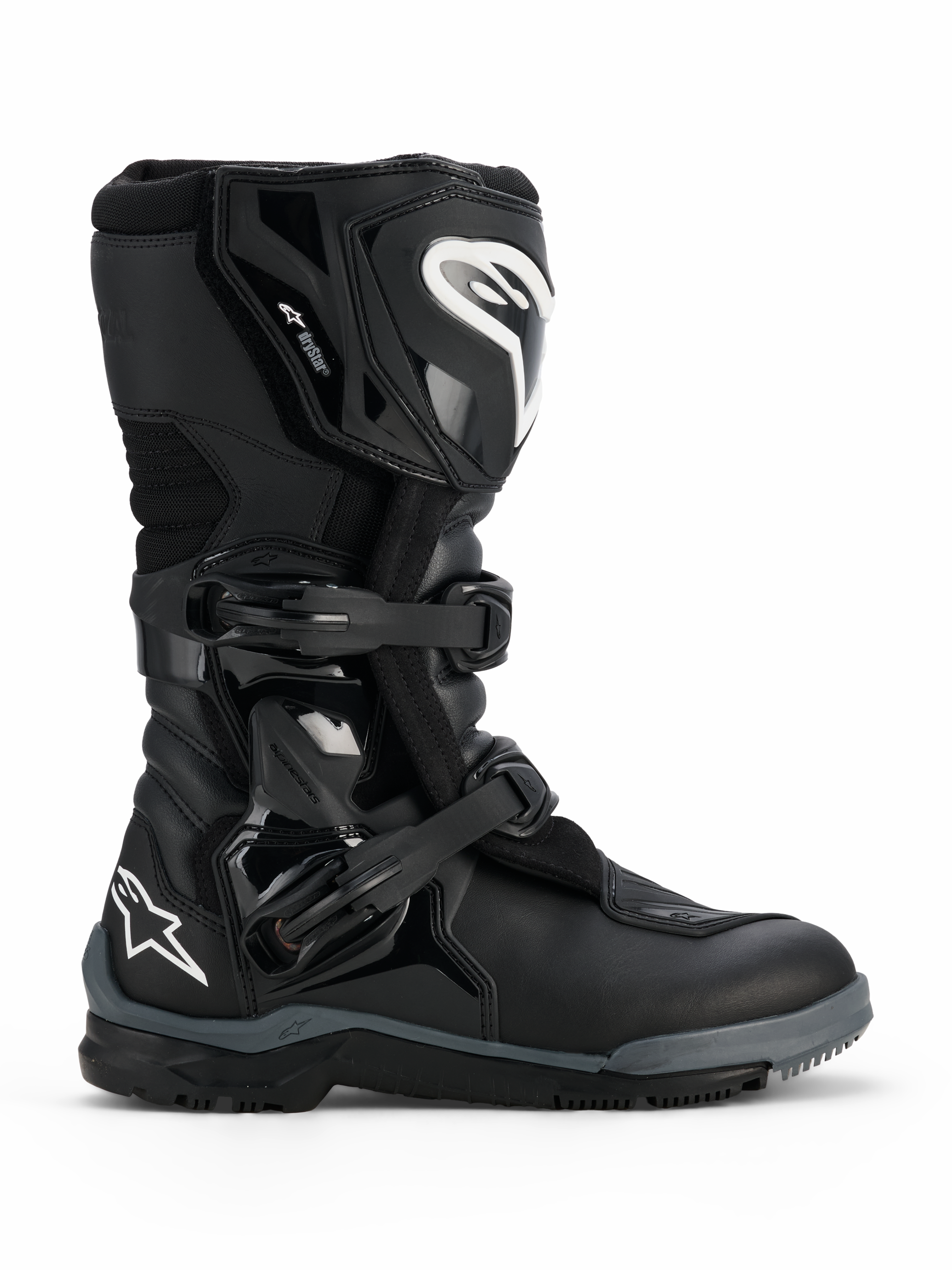 Botas Alpinestars Corozal V2 Adventure Drystar®, pretas, bota de motociclismo de aventura robusta com logótipos brancos da Alpinestars na canela e no calcanhar, duas fivelas de polímero ajustáveis e construção multimaterial durável para condução em todo-o-terreno