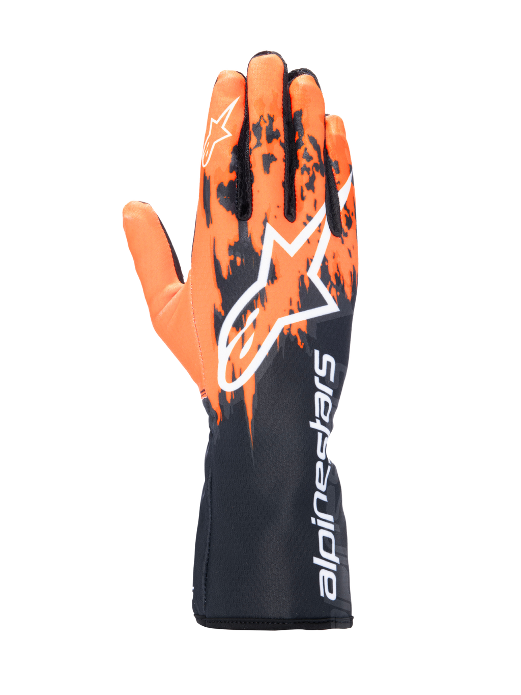 Luvas Alpinestars Tech-1 K V3, luvas de karting, preto, laranja e branco, com design gráfico sublimado de pinceladas laranja sobre base preta, logótipo Astar grande em branco, texto vertical Alpinestars no punho, equipamento profissional de karting