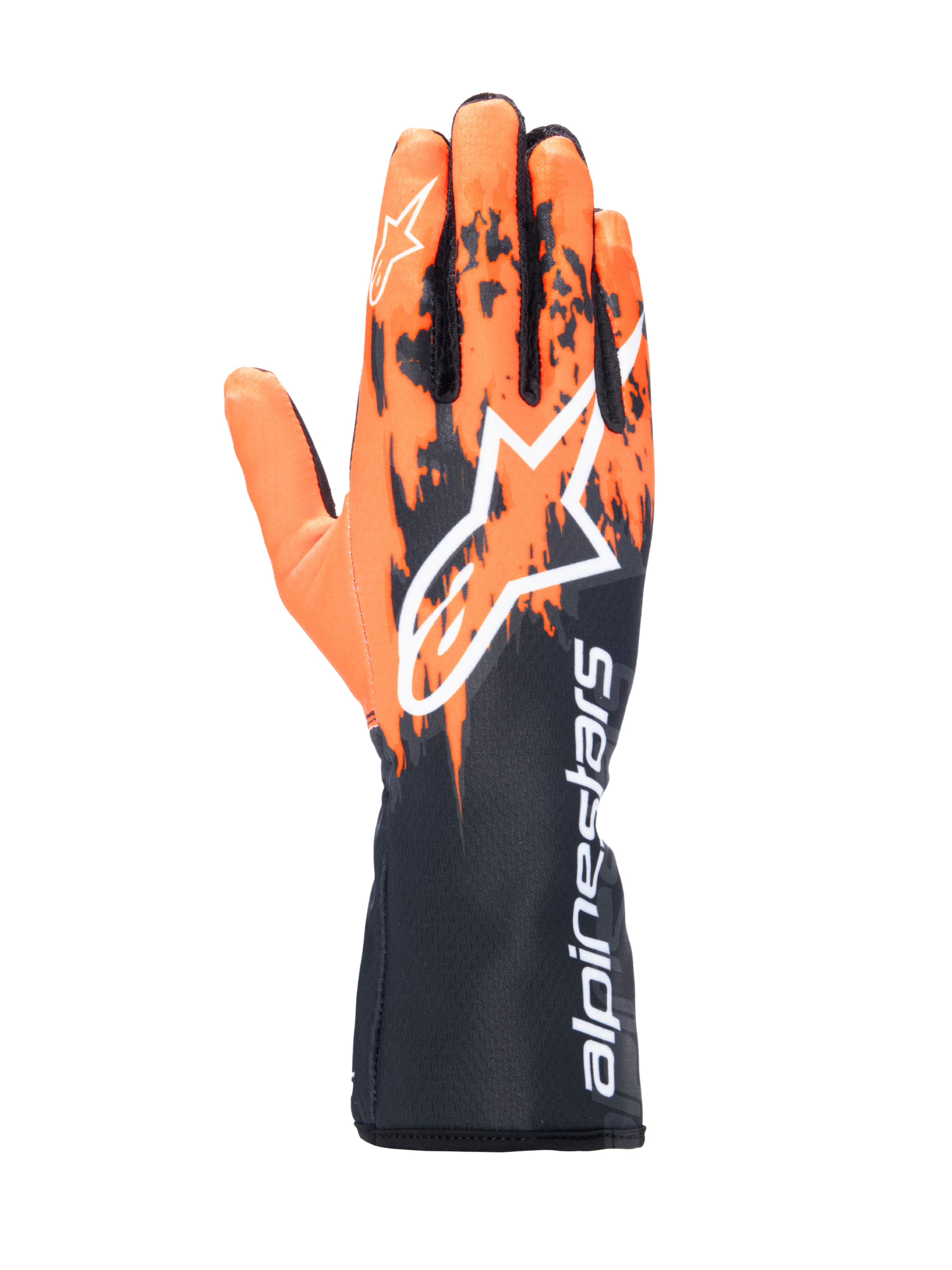 Luvas Alpinestars Tech-1 K V3, luvas de karting, preto, laranja e branco, com design gráfico sublimado de pinceladas laranja sobre base preta, logótipo Astar grande em branco, texto vertical Alpinestars no punho, equipamento profissional de karting