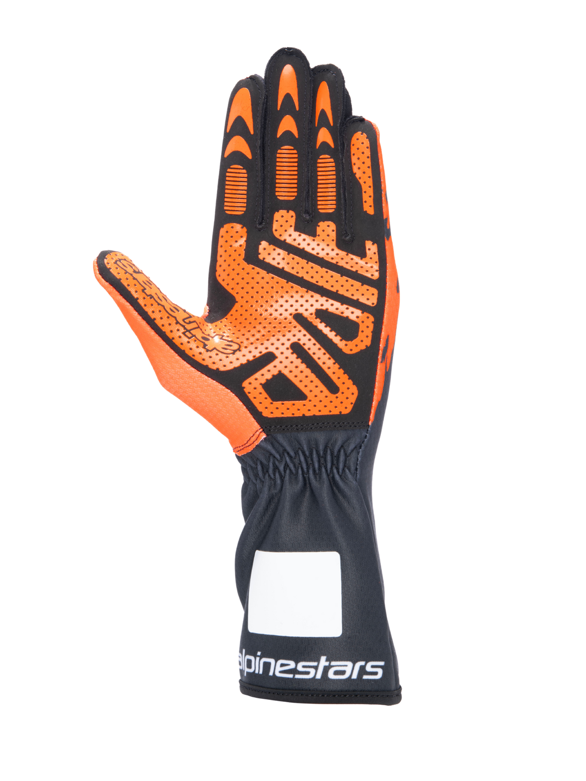 Alpinestars Tech-1 K V3, luvas de karting, pretas e laranja, vista da palma com padrão detalhado de silicone para aderência, punho comprido com logótipo Alpinestars branco, design ergonómico para corridas de kart