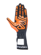 Alpinestars Tech-1 K V3, luvas de karting, pretas e laranja, vista da palma com padrão detalhado de silicone para aderência, punho comprido com logótipo Alpinestars branco, design ergonómico para corridas de kart