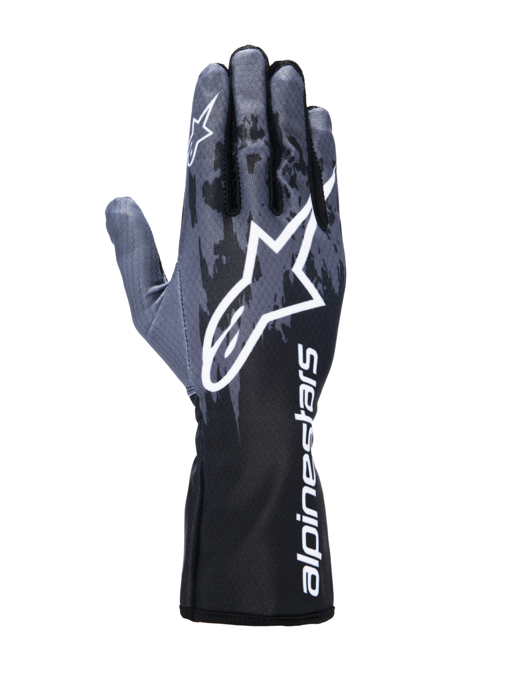 Luvas Alpinestars Tech-1 K V3, luvas de karting, em preto antracite, com um grande logótipo Astar branco nas costas da mão, padrão estilo camuflagem cinzento-escuro e punho de manopla com a marca Alpinestars branca na vertical