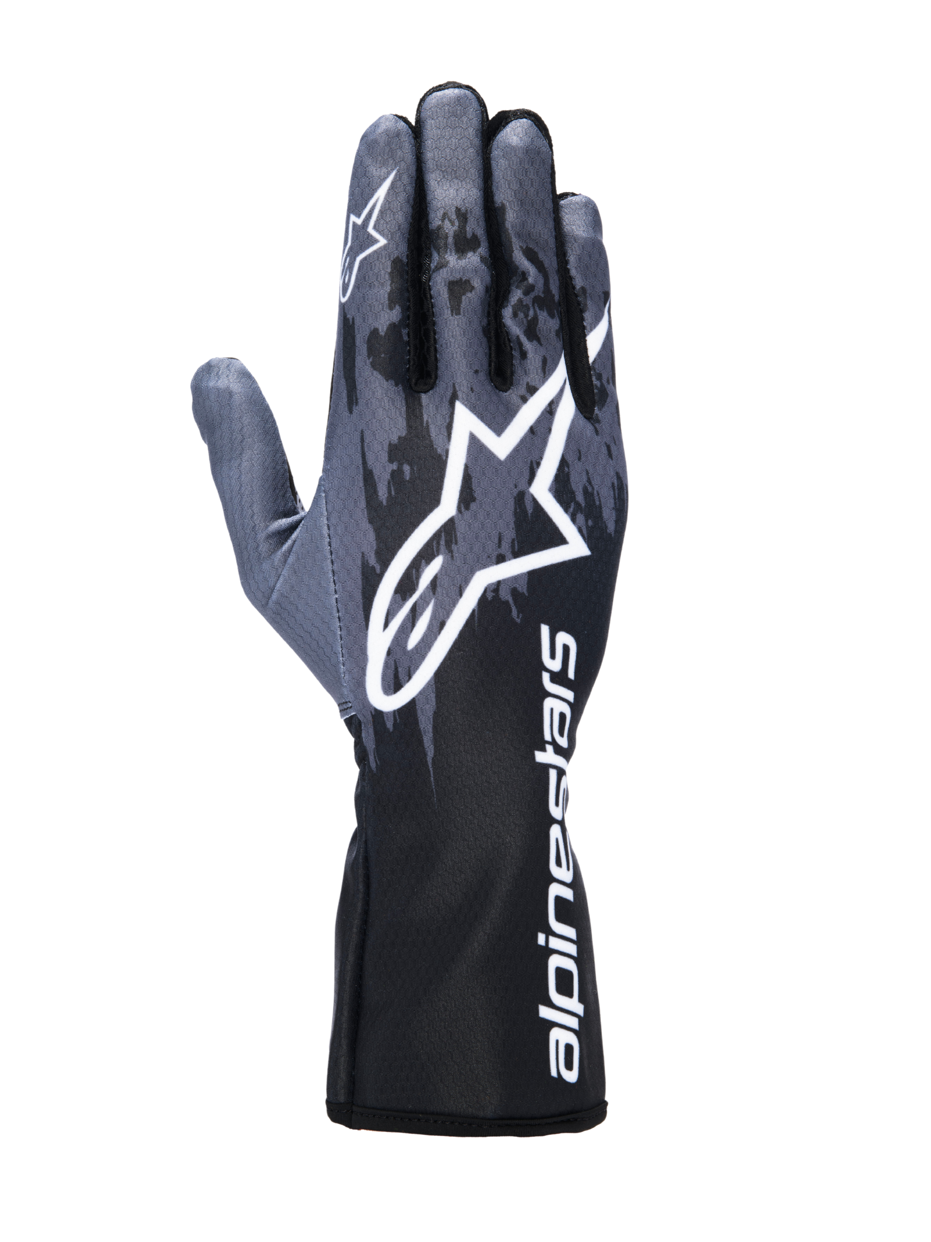 Luvas Alpinestars Tech-1 K V3, luvas de karting, em preto antracite, com um grande logótipo Astar branco nas costas da mão, padrão estilo camuflagem cinzento-escuro e punho de manopla com a marca Alpinestars branca na vertical