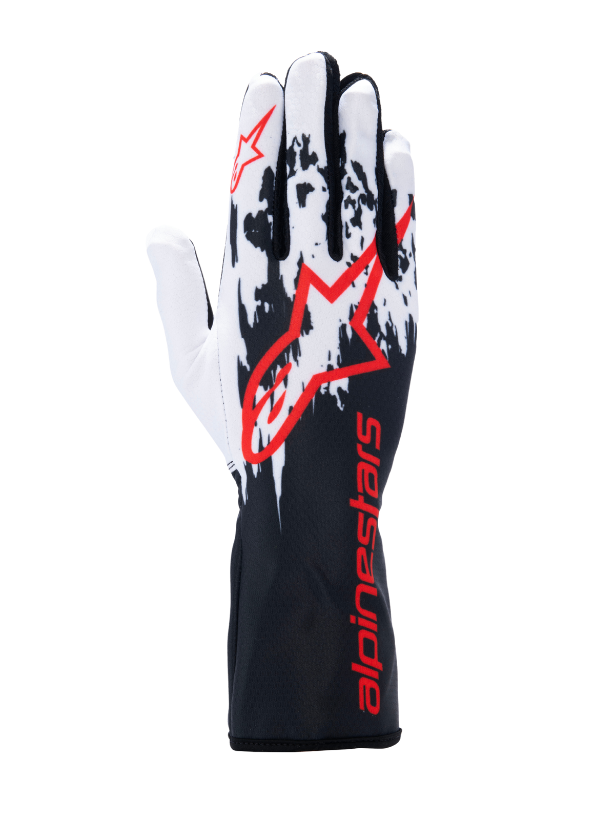 Luvas Alpinestars Tech-1 K V3, luvas de karting, pretas, brancas e vermelhas, apresentando um design gráfico salpicado em branco e preto na parte superior, logótipo Alpinestars grande a vermelho, marca a vermelho no punho de manopla longo, equipamento profissional de desportos motorizados
