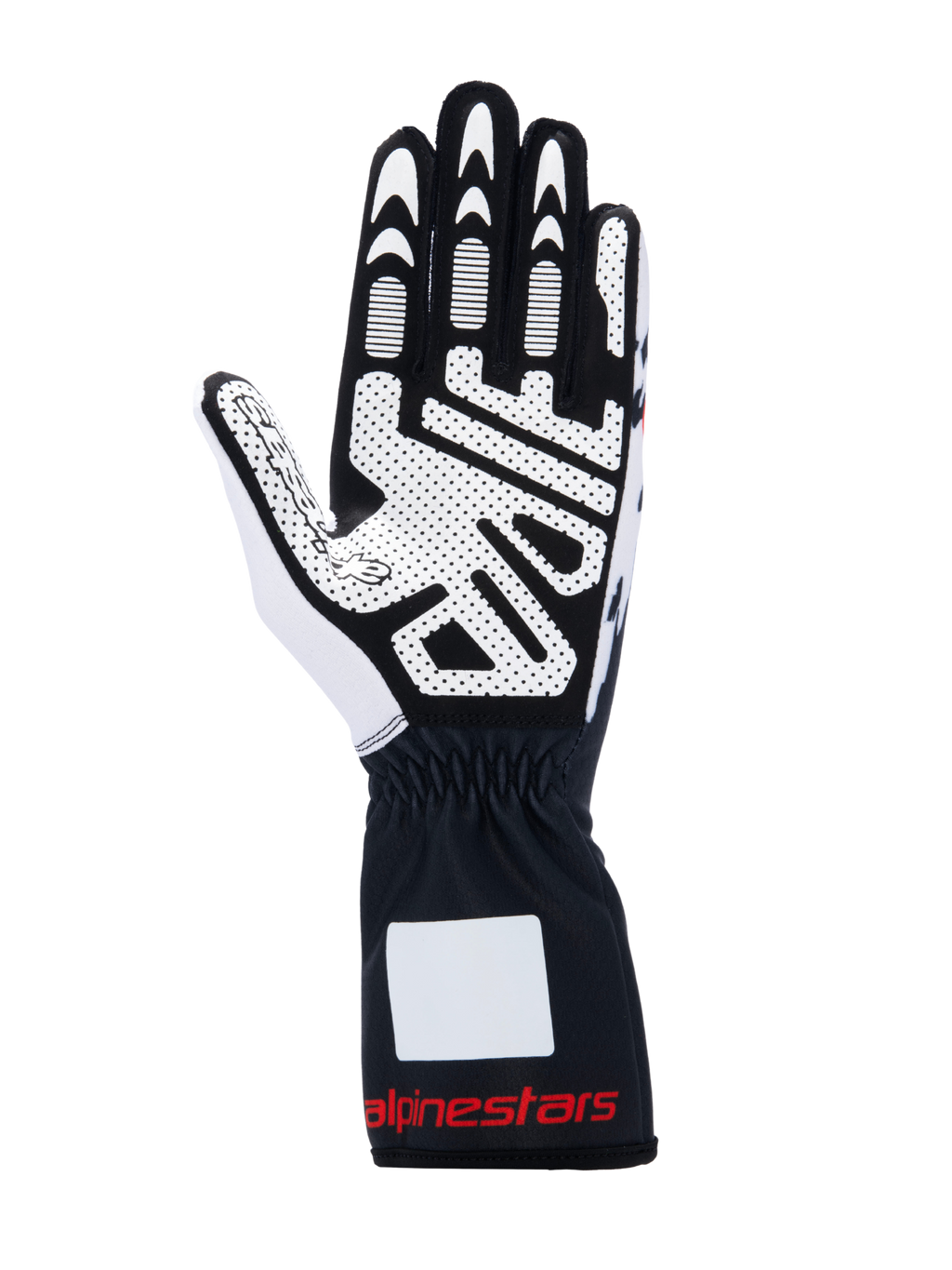 Alpinestars Tech-1 K V3 Gloves, Karting Gloves, Black White and Red, palm view showing high-grip silicone print, synthetic suede material, gauntlet cuff with red branding, professional karting gear