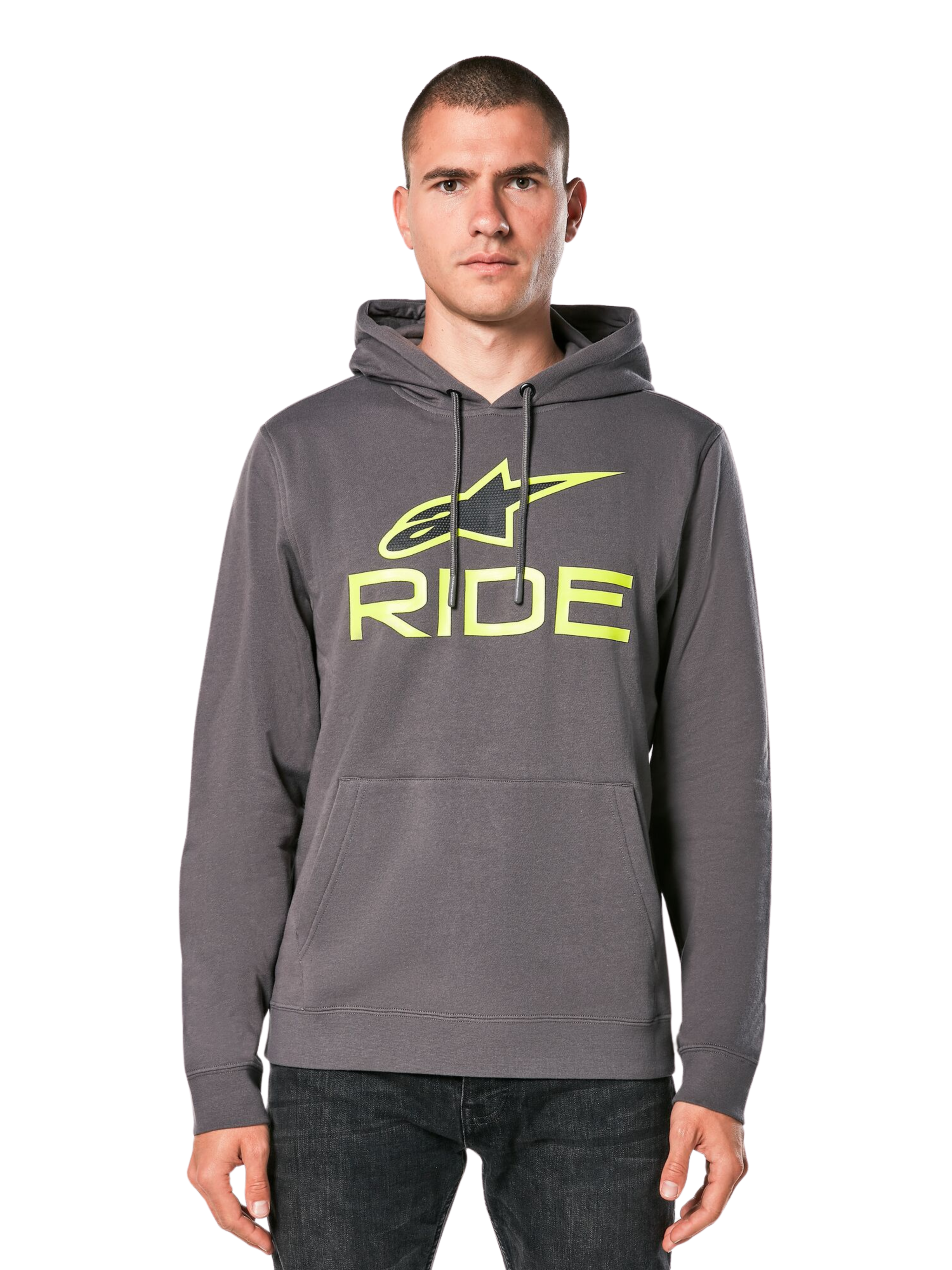Alpinestars Ride Hoodie V 3, sweatshirt cinzenta escura com capuz e logótipo RIDE verde-lima, inclui bolso canguru frontal e capuz com cordão, streetwear casual inspirado no desporto motorizado