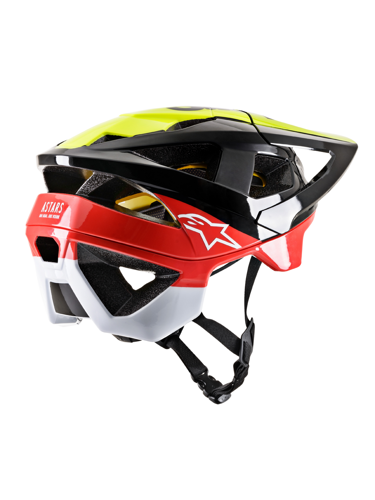 Capacete de BTT Alpinestars Vector Tech Pilot, preto, amarelo néon e vermelho brilhante com detalhes em branco, vista traseira de três quartos com grandes aberturas de ventilação, cobertura estendida na nuca, logótipo Astars branco e alça de queixo ajustável, proteção de alto desempenho para BTT