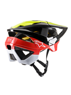 Alpinestars Vector Tech Pilot MTB Helmet, Black, Yellow Fluo, and Red Glossy with White accents, rear three-quarter view showcasing large ventilation openings, extended nape coverage, white Astars logo, and adjustable chin strap, high-performance mountain bike head protection
