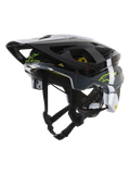 Alpinestars Vector Tech Pilot Helmet CE, capacete de ciclismo BTT, preto, branco e cinzento brilhante, com o logótipo Alpinestars em verde-lima e o texto 'One Goal. One Vision.', múltiplas aberturas de ventilação e viseira ajustável
