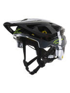 Alpinestars Vector Tech Pilot Helmet CE, capacete de ciclismo BTT, preto, branco e cinzento brilhante, com o logótipo Alpinestars em verde-lima e o texto 'One Goal. One Vision.', múltiplas aberturas de ventilação e viseira ajustável