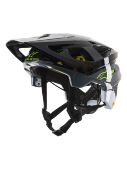 Alpinestars Vector Tech Pilot Helmet CE, capacete de ciclismo BTT, preto, branco e cinzento brilhante, com o logótipo Alpinestars em verde-lima e o texto 'One Goal. One Vision.', múltiplas aberturas de ventilação e viseira ajustável