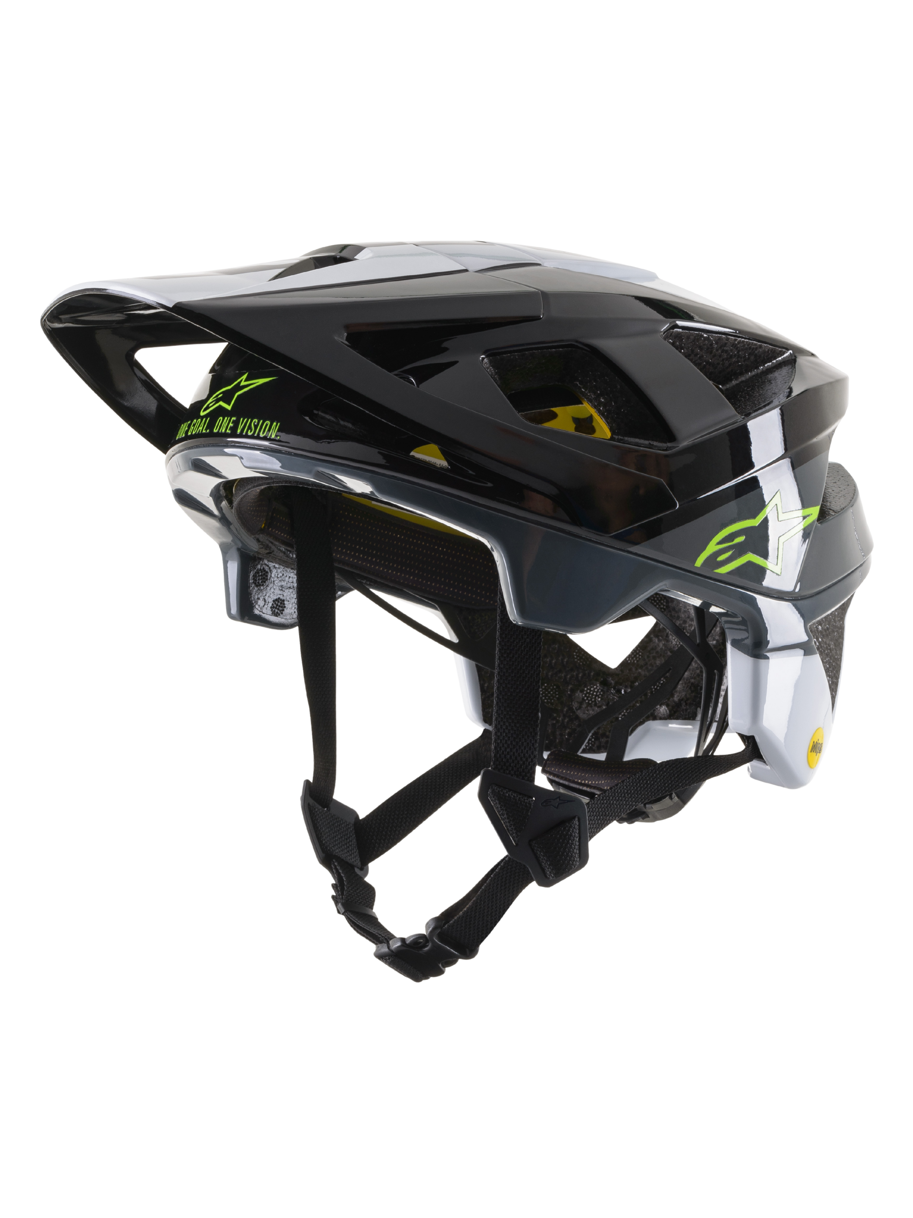 Alpinestars Vector Tech Pilot Helmet CE, capacete de ciclismo BTT, preto, branco e cinzento brilhante, com o logótipo Alpinestars em verde-lima e o texto 'One Goal. One Vision.', múltiplas aberturas de ventilação e viseira ajustável