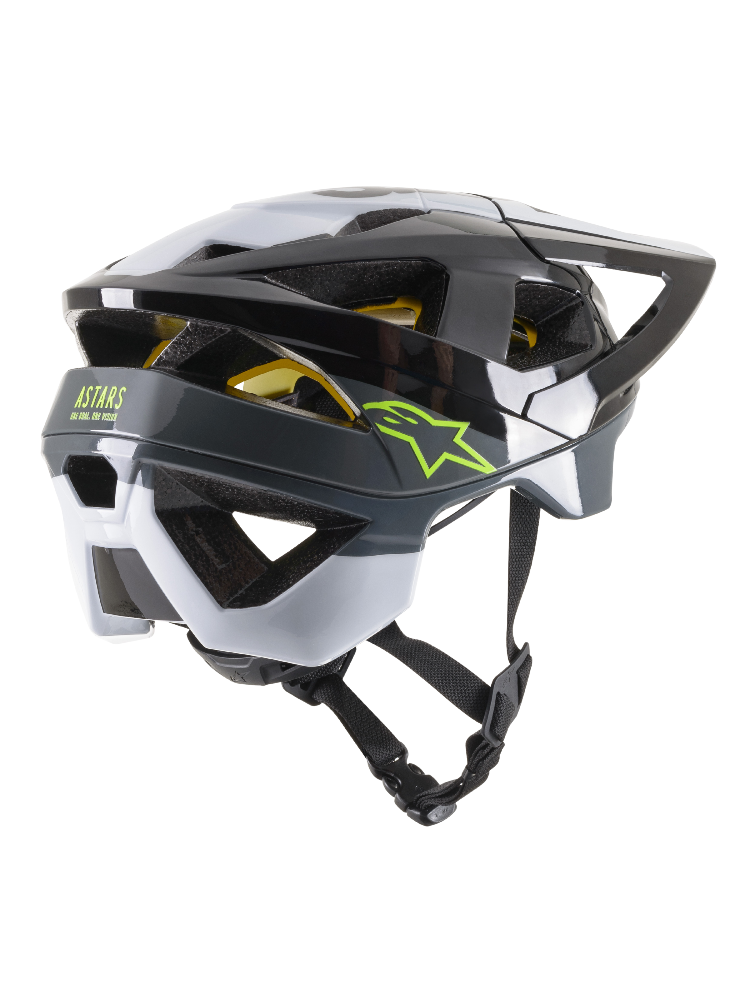 Alpinestars Vector Tech Pilot Helmet CE, capacete de ciclismo MTB, preto, branco e cinzento frio brilhante, vista traseira de três quartos com logótipos de estrela e ASTARS em verde lima, 19 aberturas de ventilação, design aerodinâmico com viseira ajustável e alça de queixo