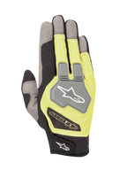 Luvas Alpinestars Engine, luvas de karting e mecânica, pretas e amarelo fluorescente, vista do dorso da mão com painéis de malha cinzentos e uma proteção TPR nos nós dos dedos com logótipo Alpinestars, construção multi-material leve e respirável