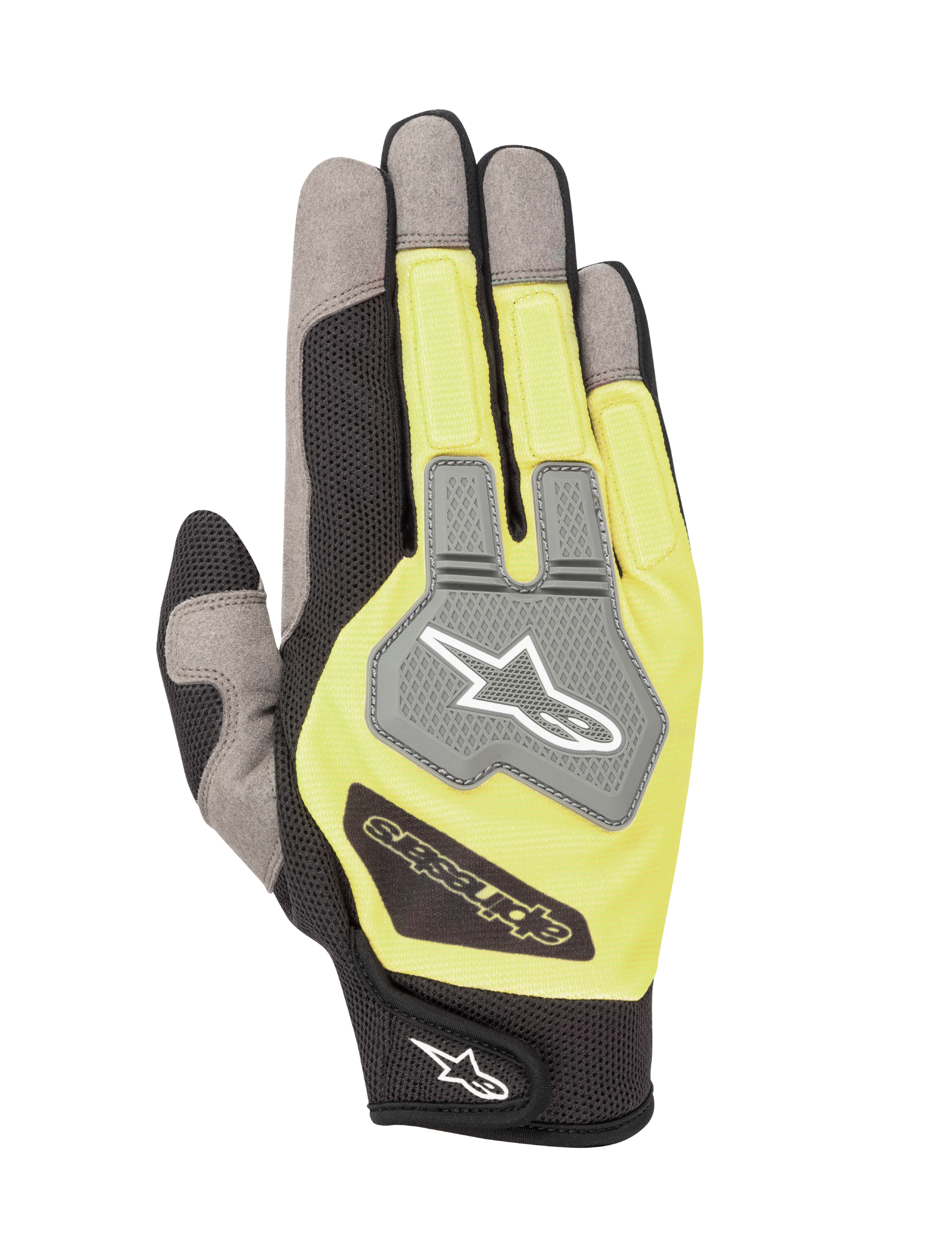 Luvas Alpinestars Engine, luvas de karting e mecânica, pretas e amarelo fluorescente, vista do dorso da mão com painéis de malha cinzentos e uma proteção TPR nos nós dos dedos com logótipo Alpinestars, construção multi-material leve e respirável