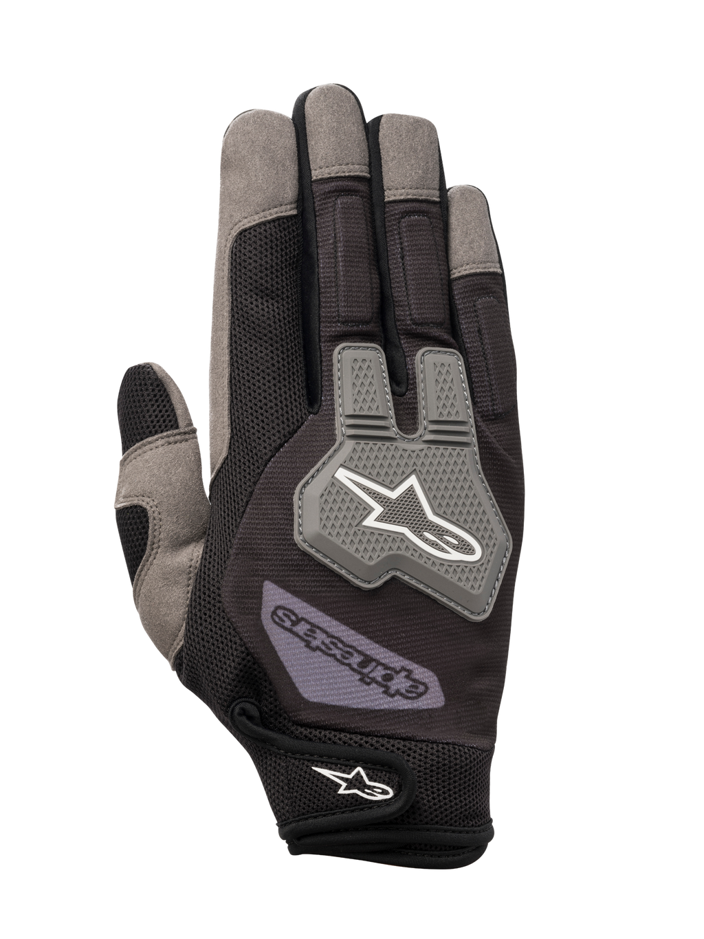 Luvas Engine Alpinestars, luvas de mecânico, pretas e cinzentas, construção em malha respirável, protetor de articulações em TPR cinzento com logótipo de estrela branco, tira de ajuste no pulso com marca, design durável multimaterial para trabalho de oficina e pit lane