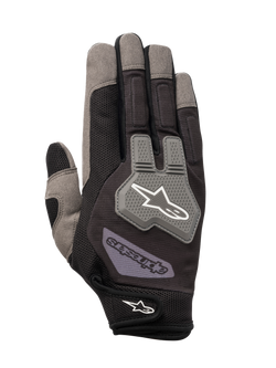 Luvas Engine Alpinestars, luvas de mecânico, pretas e cinzentas, construção em malha respirável, protetor de articulações em TPR cinzento com logótipo de estrela branco, tira de ajuste no pulso com marca, design durável multimaterial para trabalho de oficina e pit lane