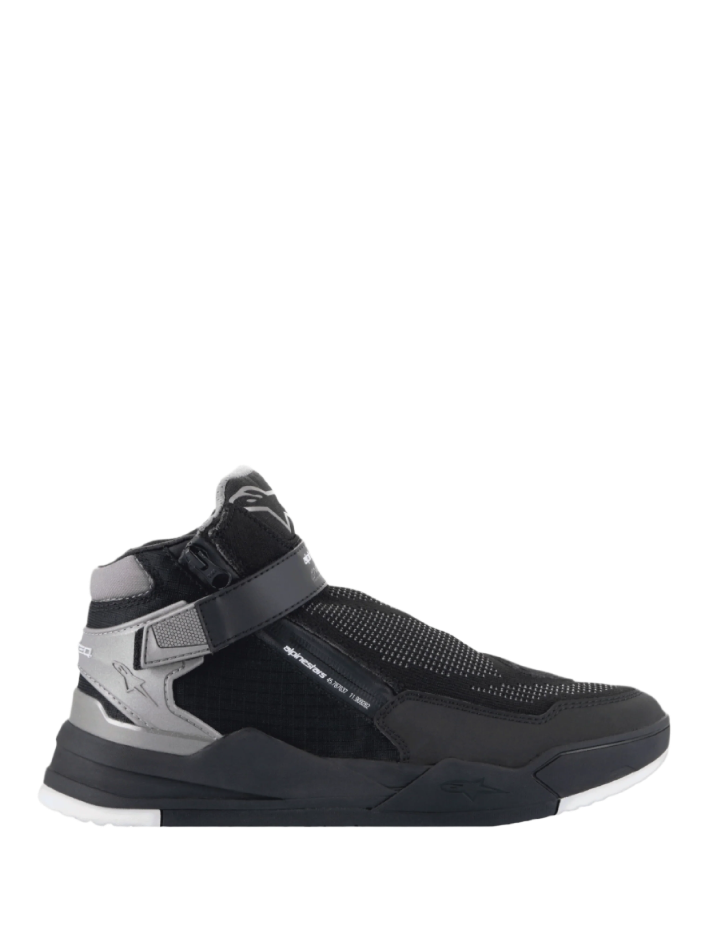 Alpinestars Speedflight Street Shoes, Motorcycle Riding Shoes, Black and Gun Metal, high-top sneaker profile featuring a textured mesh upper, lateral zip and ankle strap closure, thick black sole with white outsole details, urban riding style