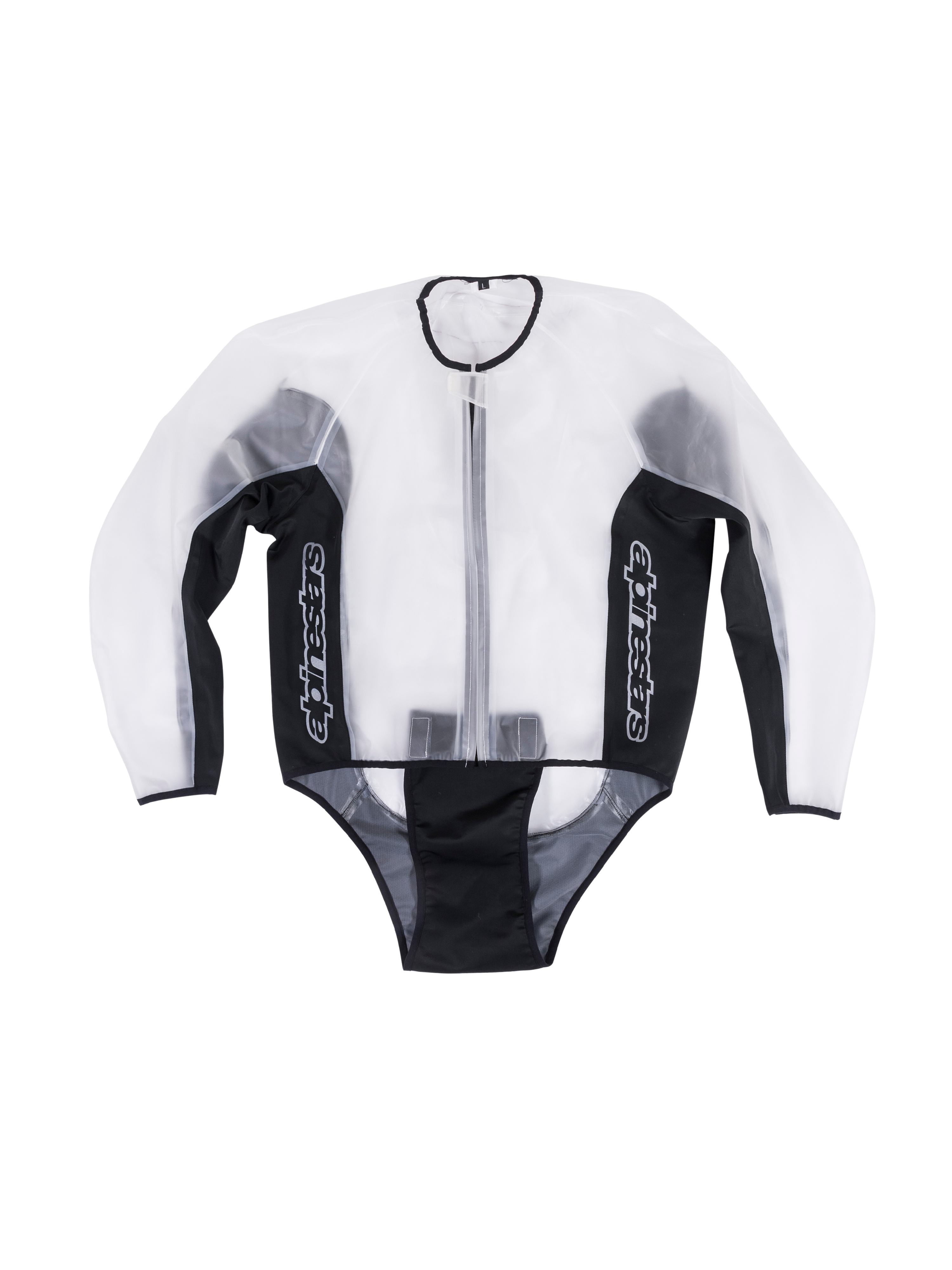 Alpinestars Racing Rain Jacket, casaco de motociclismo impermeável e transparente, transparente e preto, logótipos brancos verticais nos painéis laterais, fecho de correr frontal, design pré-curvado para ajuste sobre fatos de couro, equipamento funcional de pista para tempo chuvoso