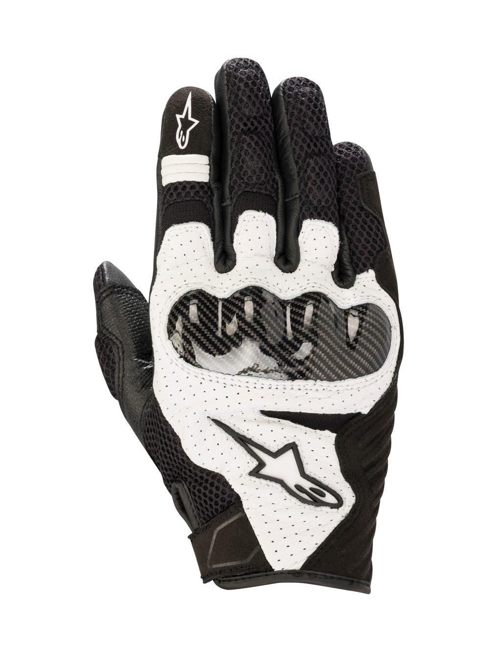 Luvas Alpinestars SMX-1 Air V2, luvas de motociclismo desportivas, pretas e brancas, com painéis de malha para respirabilidade, proteção rígida nos nós dos dedos em estilo fibra de carbono, detalhes em pele perfurada e logótipo Alpinestars