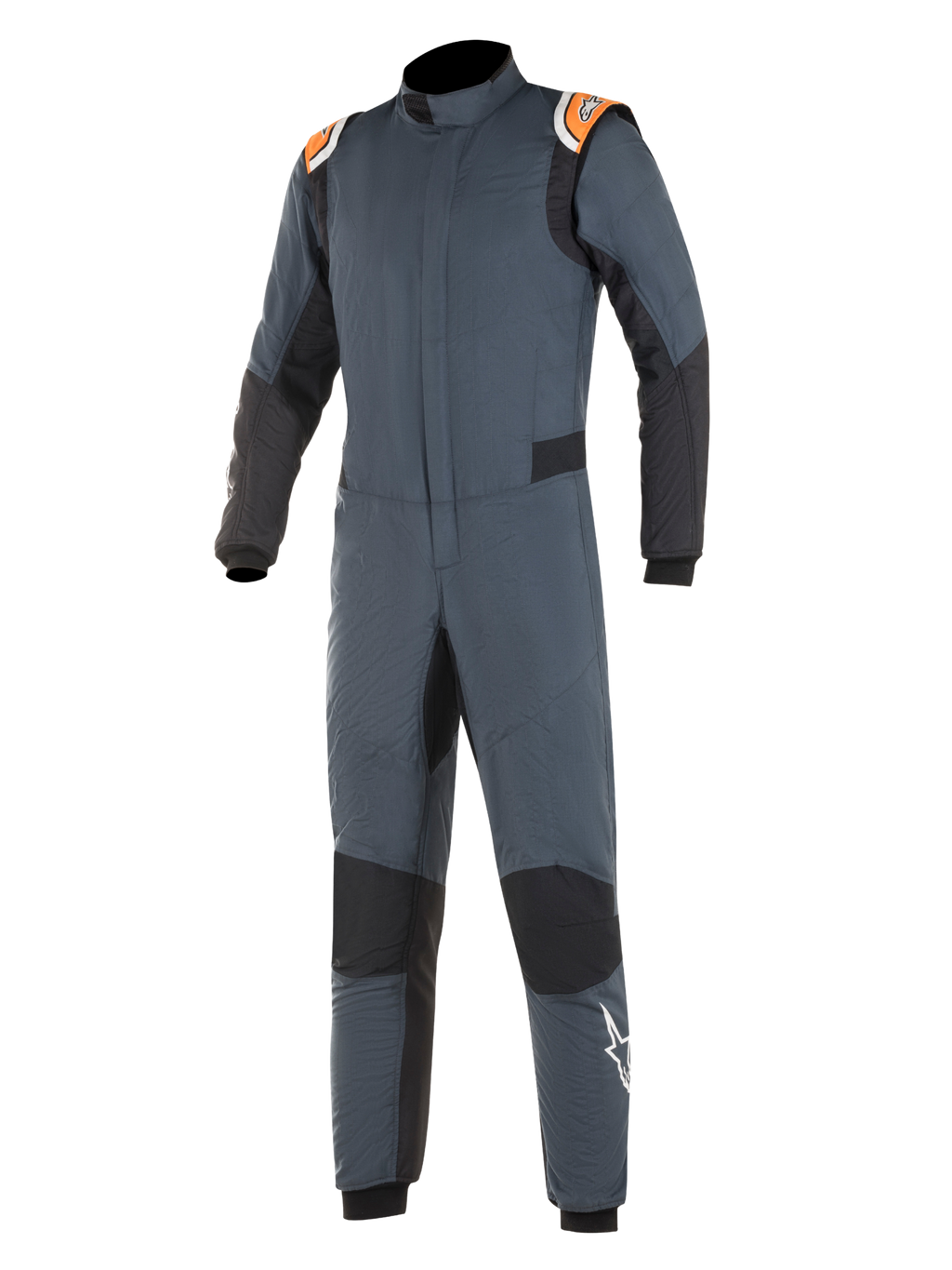 Alpinestars Hypertech Suit, fato de automobilismo, cinzento asfalto e preto com detalhes em laranja fluo, com painéis elásticos pretos, dragonas laranja nos ombros com marca e logótipo de estrela branca na perna, construção profissional de duas camadas resistente ao fogo para performance em desportos motorizados