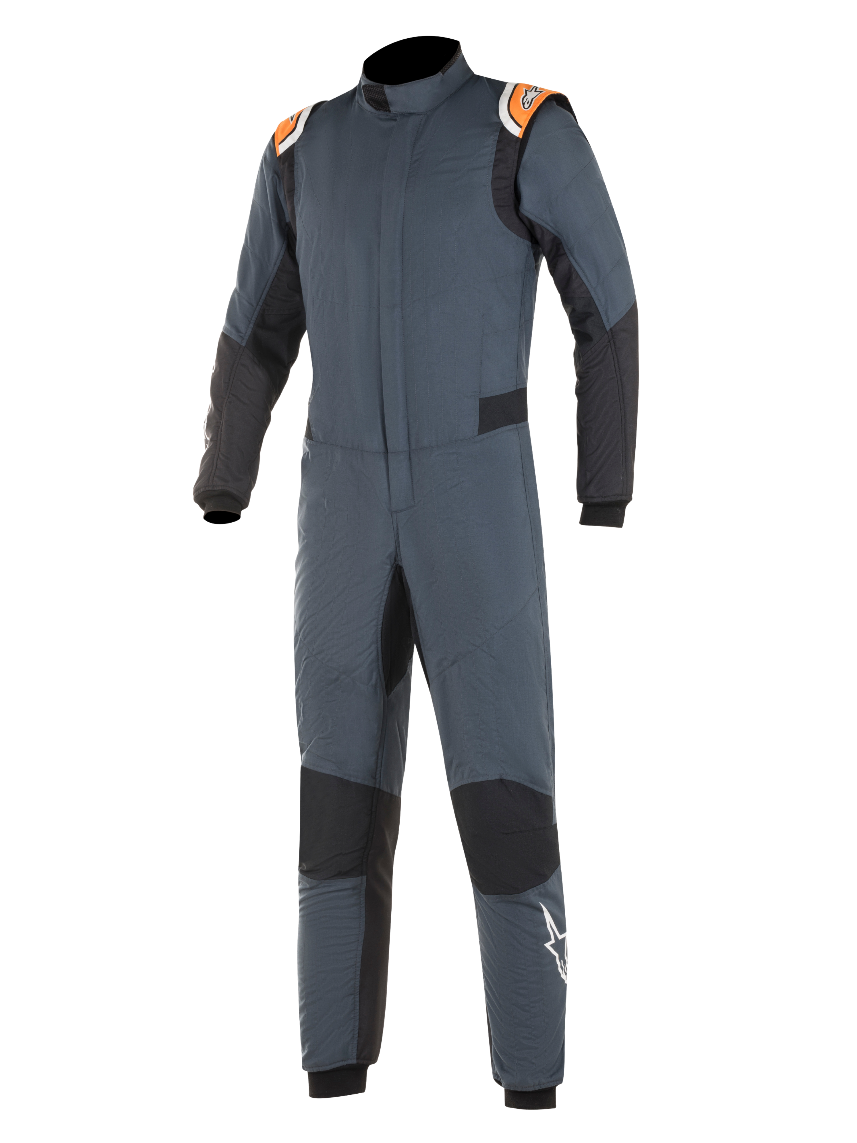 Alpinestars Hypertech Suit, fato de automobilismo, cinzento asfalto e preto com detalhes em laranja fluo, com painéis elásticos pretos, dragonas laranja nos ombros com marca e logótipo de estrela branca na perna, construção profissional de duas camadas resistente ao fogo para performance em desportos motorizados