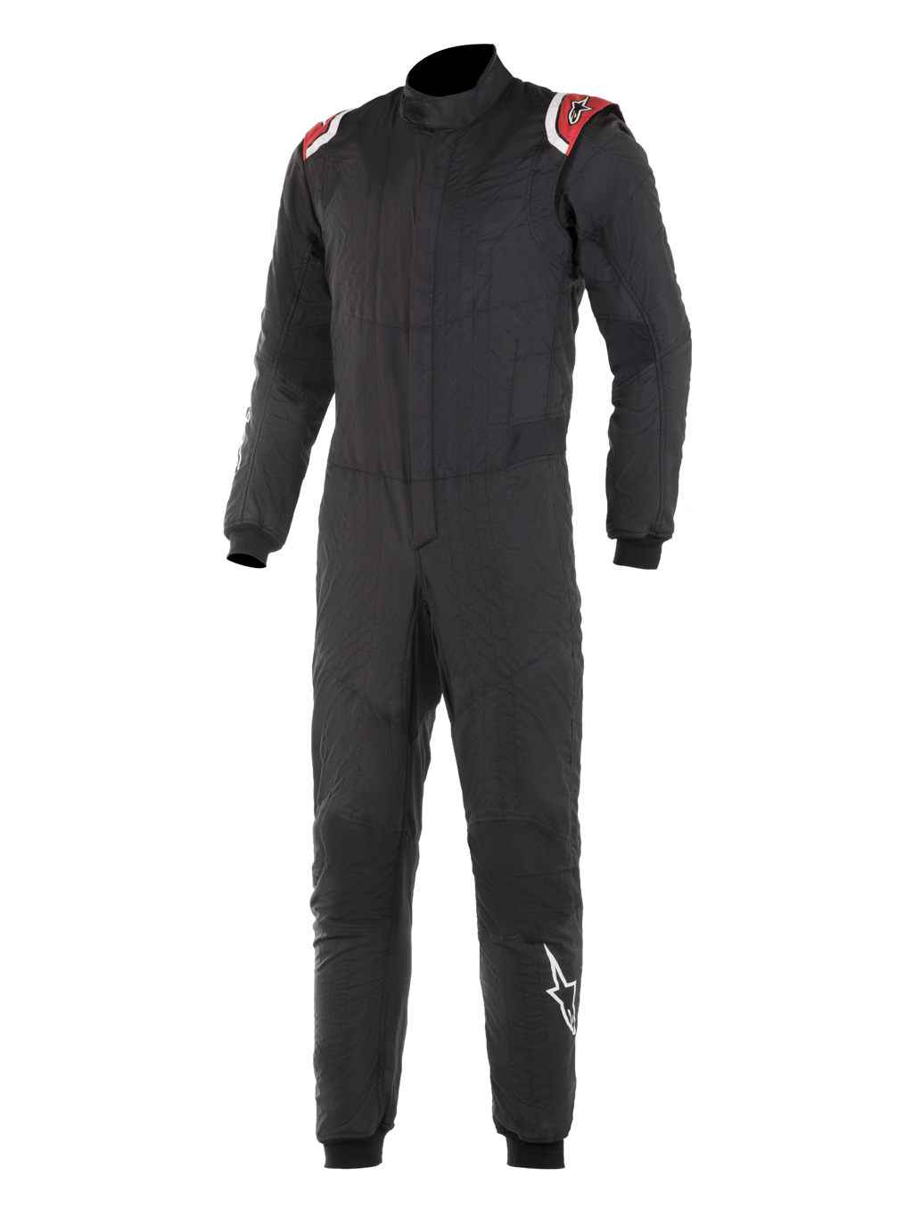 Alpinestars Hypertech Suit, fato de corrida profissional, preto com detalhes vermelhos e brancos nos ombros, construção acolchoada de duas camadas, gola alta, design ajustado com punhos e tornozelos canelados, proteção para desportos motorizados com certificação FIA