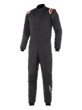 Alpinestars Hypertech Suit, fato de corrida profissional, preto com detalhes vermelhos e brancos nos ombros, construção acolchoada de duas camadas, gola alta, design ajustado com punhos e tornozelos canelados, proteção para desportos motorizados com certificação FIA