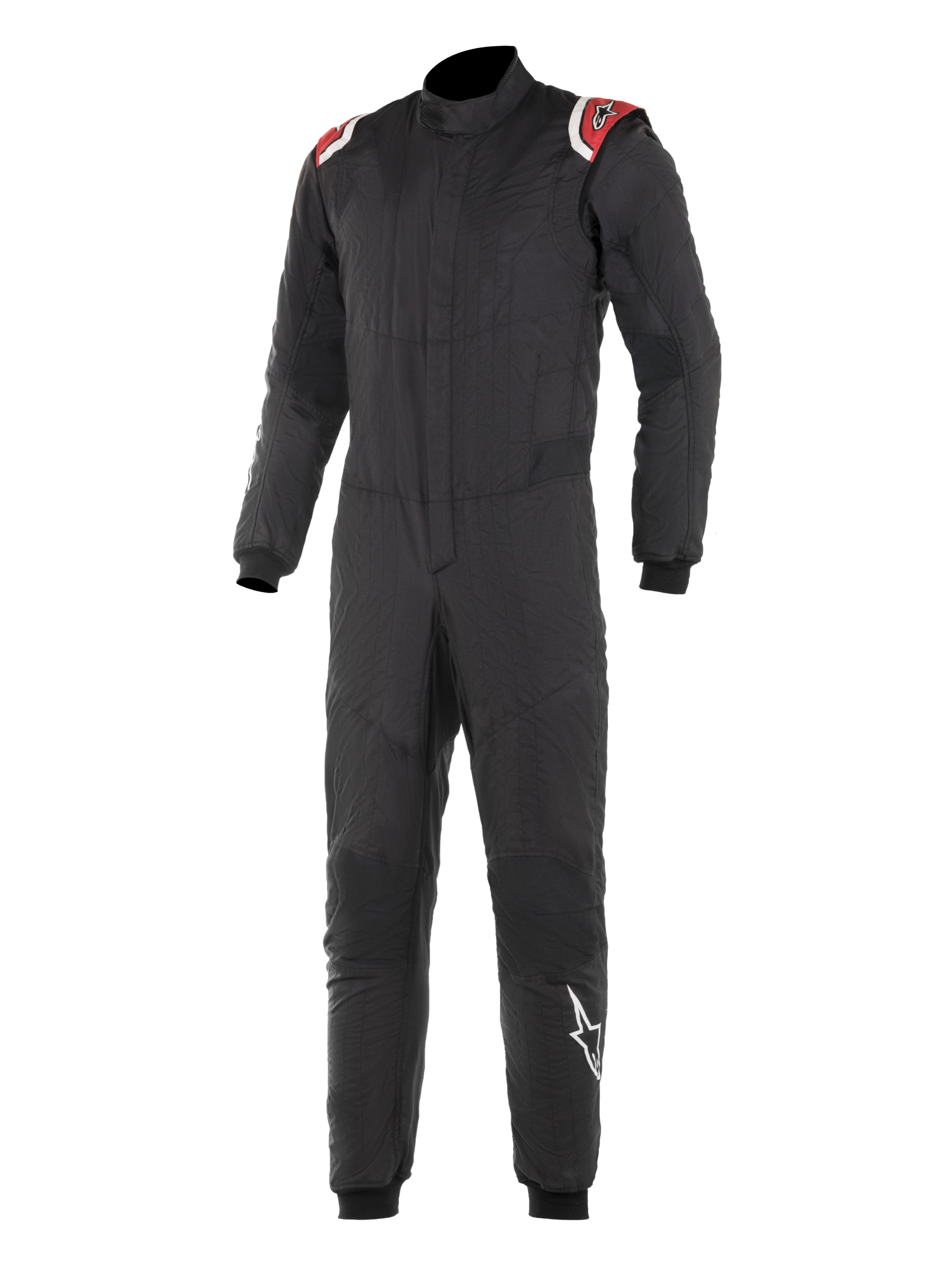 Alpinestars Hypertech Suit, fato de corrida profissional, preto com detalhes vermelhos e brancos nos ombros, construção acolchoada de duas camadas, gola alta, design ajustado com punhos e tornozelos canelados, proteção para desportos motorizados com certificação FIA