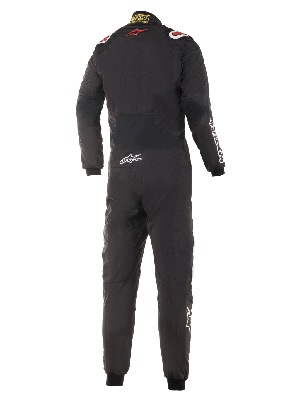 Alpinestars Hypertech Suit, fato de automobilismo, preto com detalhes em vermelho e branco, vista traseira com o logótipo da estrela vermelha na parte superior das costas, marca Hypertech na zona inferior das costas, design profissional de peça única para desportos motorizados