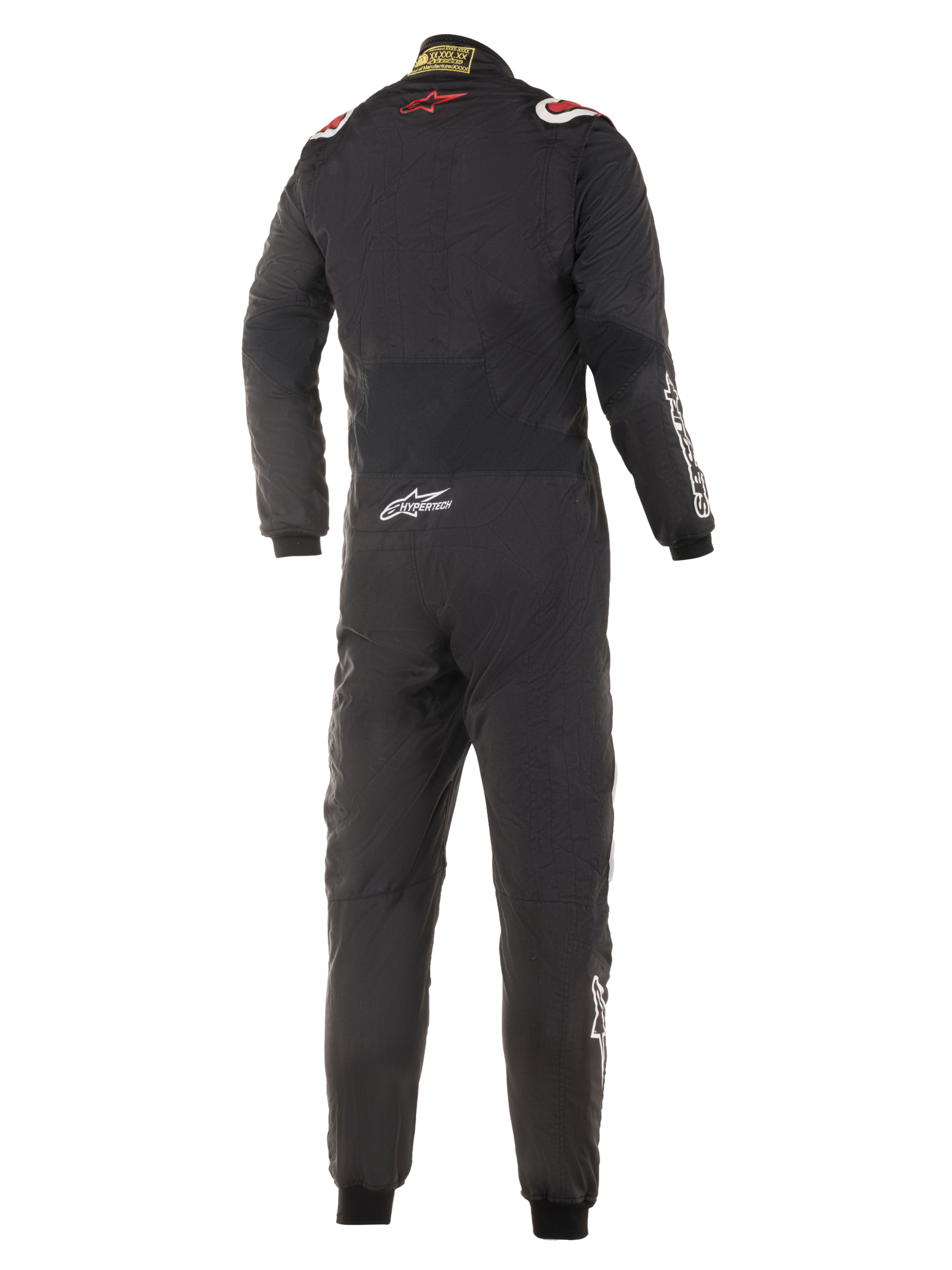 Alpinestars Hypertech Suit, fato de automobilismo, preto com detalhes em vermelho e branco, vista traseira com o logótipo da estrela vermelha na parte superior das costas, marca Hypertech na zona inferior das costas, design profissional de peça única para desportos motorizados