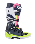 Alpinestars Tech 7 Boots, Motocross Boots, Dark Gray, Dark Blue, and Pink Fluo, four-buckle closure system with neon yellow and white accents, protective construction with reinforced sole, professional off-road racing gear