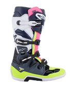 Alpinestars Tech 7 Boots, Motocross Boots, Dark Gray, Dark Blue, and Pink Fluo, four-buckle closure system with neon yellow and white accents, protective construction with reinforced sole, professional off-road racing gear