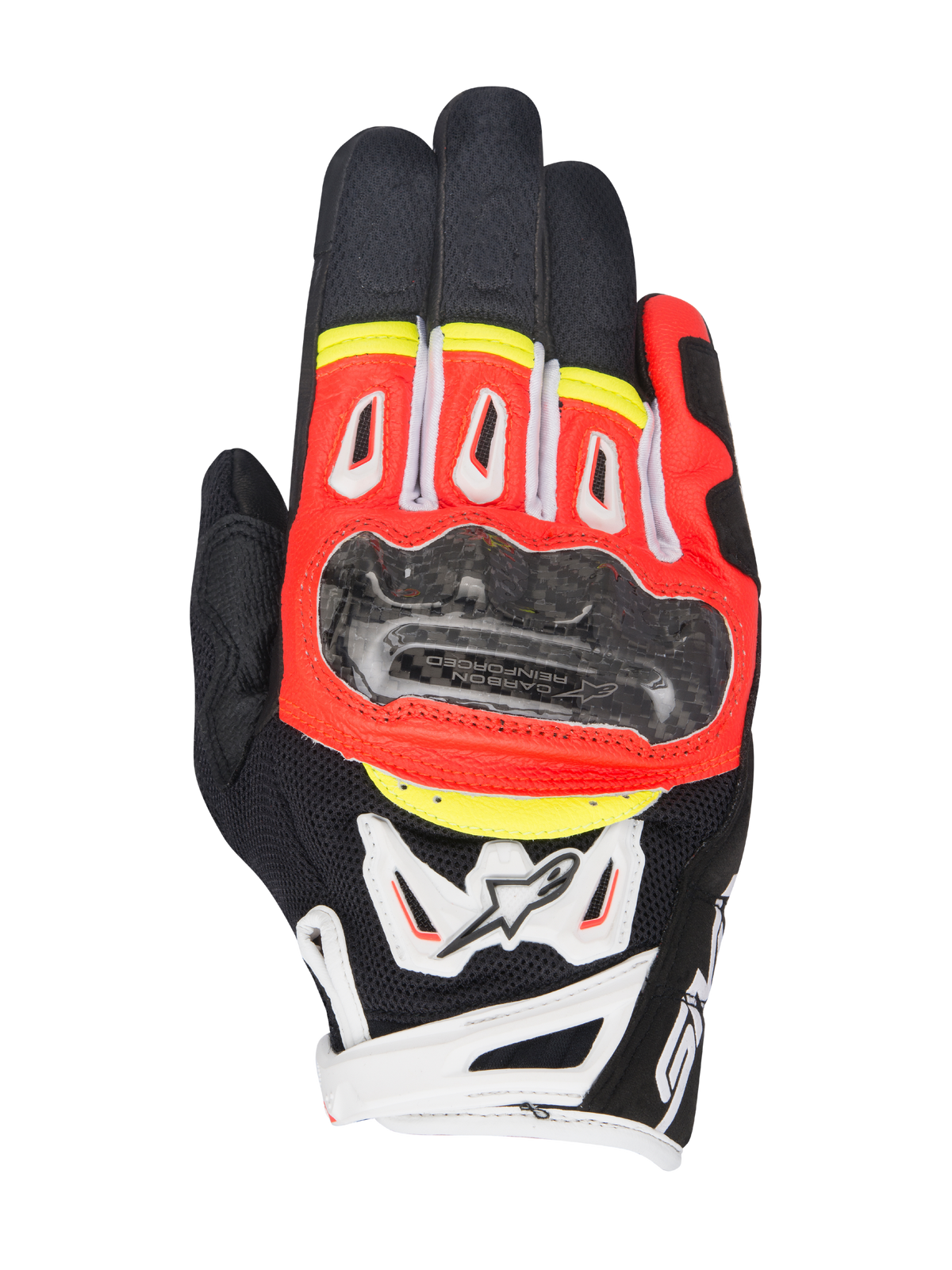 Alpinestars SMX-2 Air Carbon V2 Gloves, Short-Cuff Motorcycle Gloves, Black with Red Fluorescent, White and Yellow accents, featuring a carbon fiber knuckle guard, 3D mesh panels for ventilation, and leather construction, sporty road riding design