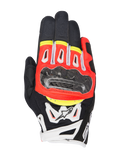 Alpinestars SMX-2 Air Carbon V2, luvas de motociclismo de cano curto, pretas com detalhes em vermelho fluorescente, branco e amarelo, proteção das articulações em fibra de carbono, painéis de malha 3D para ventilação, construção em couro, design desportivo para estrada