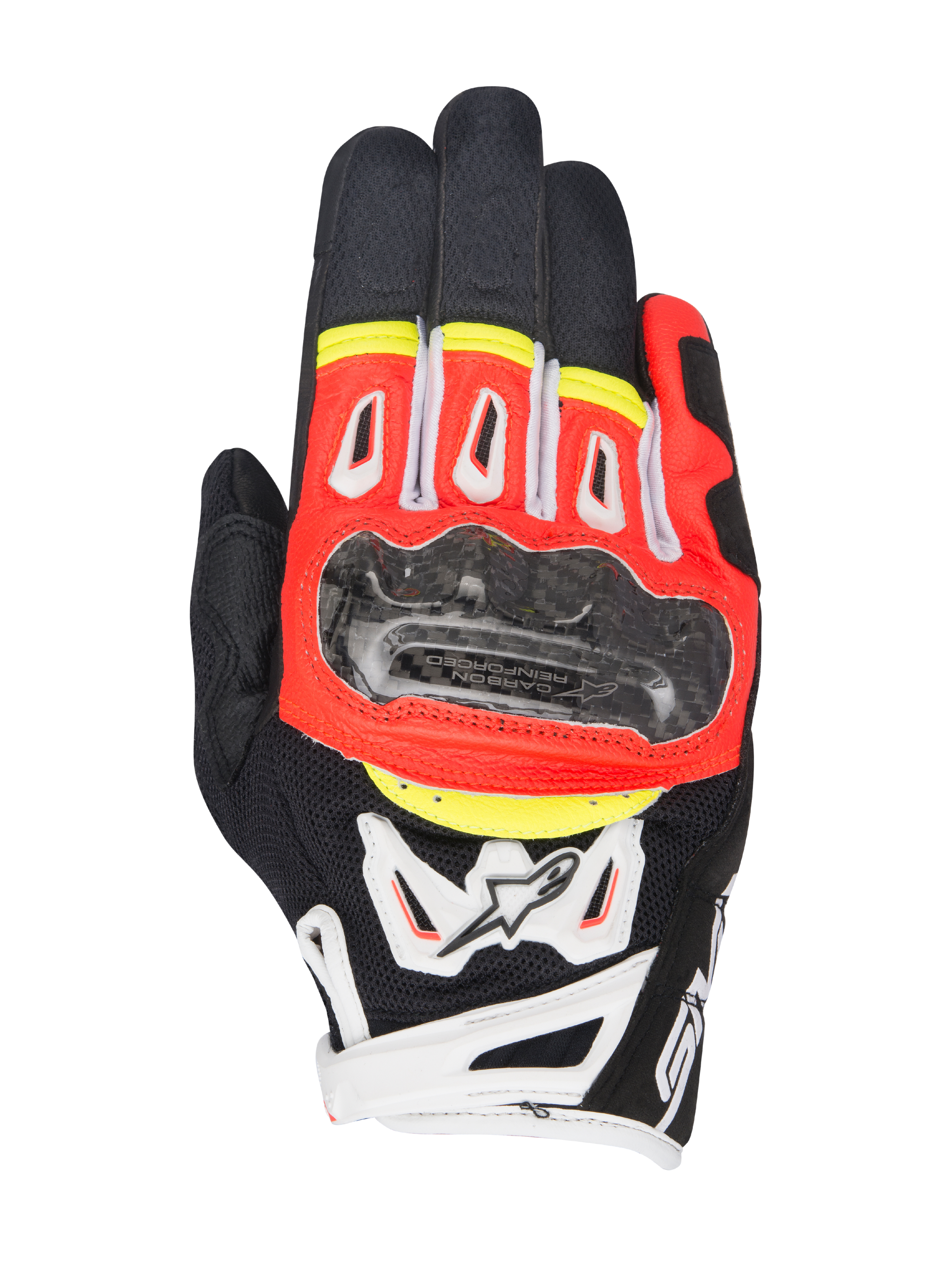 Alpinestars SMX-2 Air Carbon V2, luvas de motociclismo de cano curto, pretas com detalhes em vermelho fluorescente, branco e amarelo, proteção das articulações em fibra de carbono, painéis de malha 3D para ventilação, construção em couro, design desportivo para estrada