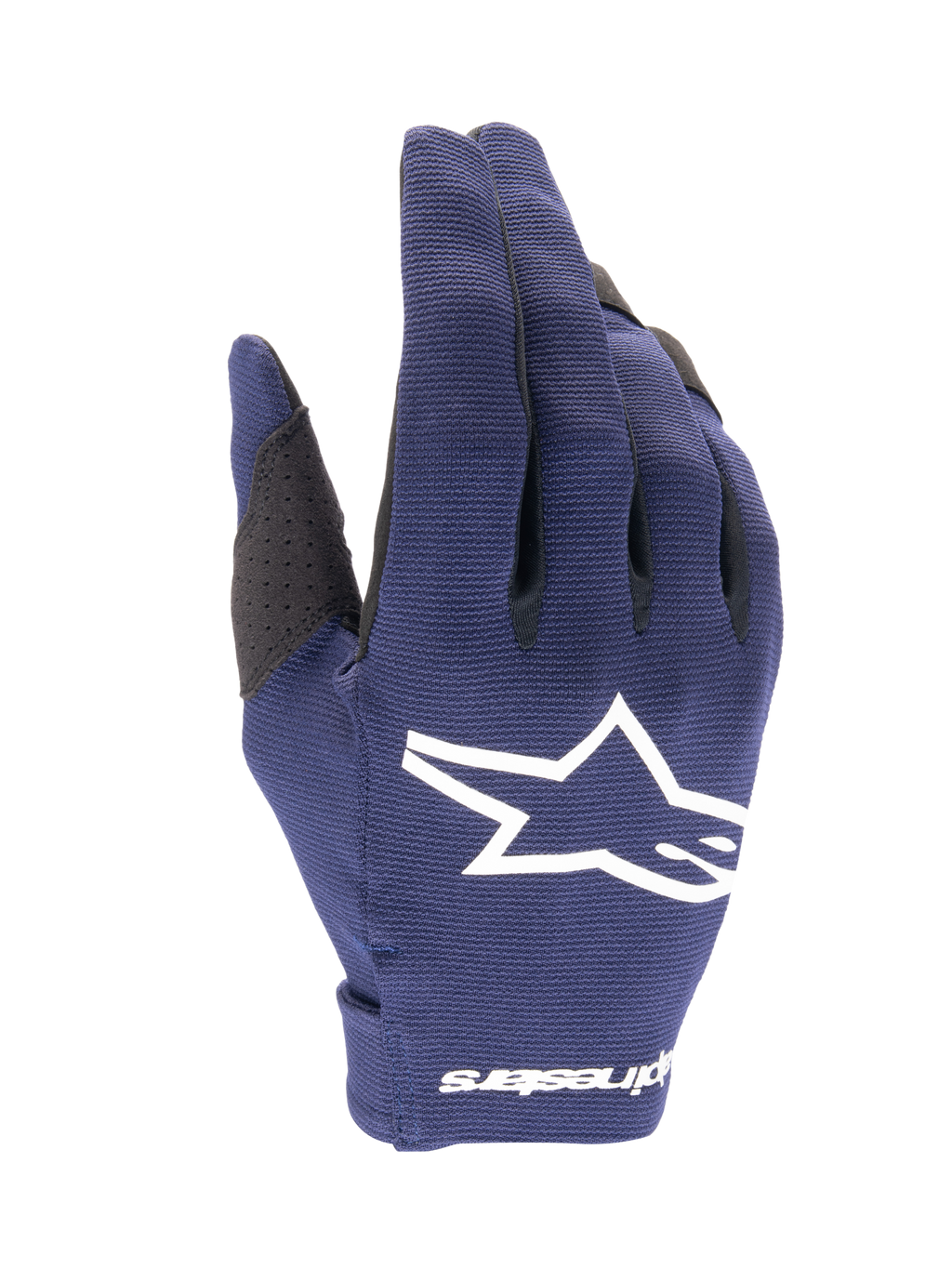 Alpinestars 2025 Radar Gloves, Motocross Gloves, Night Navy and White, textured dark blue fabric with a large white star logo, white branding on the wrist, lightweight design for off-road racing