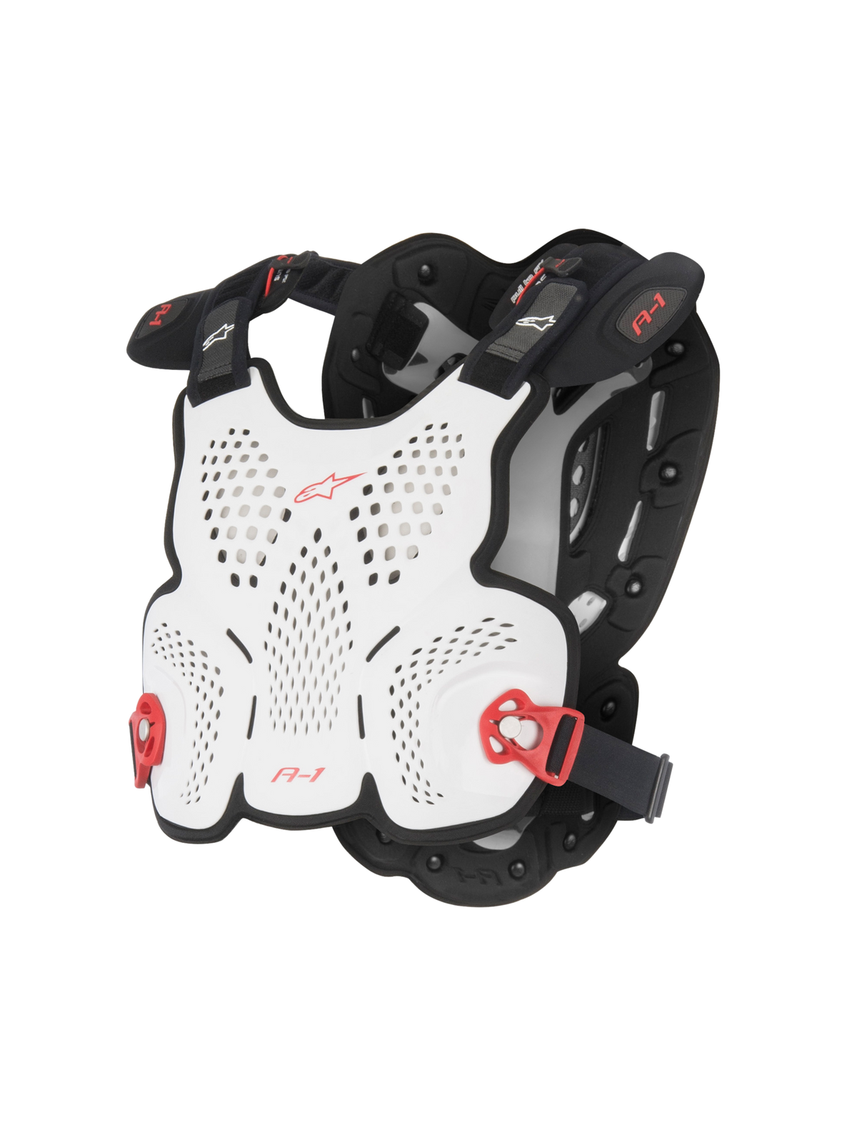 Alpinestars A-1 Roost Guard, protetor de peito para motocross, branco e preto com detalhes vermelhos, carcaça rígida perfurada para ventilação, fivelas laterais ajustáveis vermelhas, design leve e ergonómico para condução fora de estrada