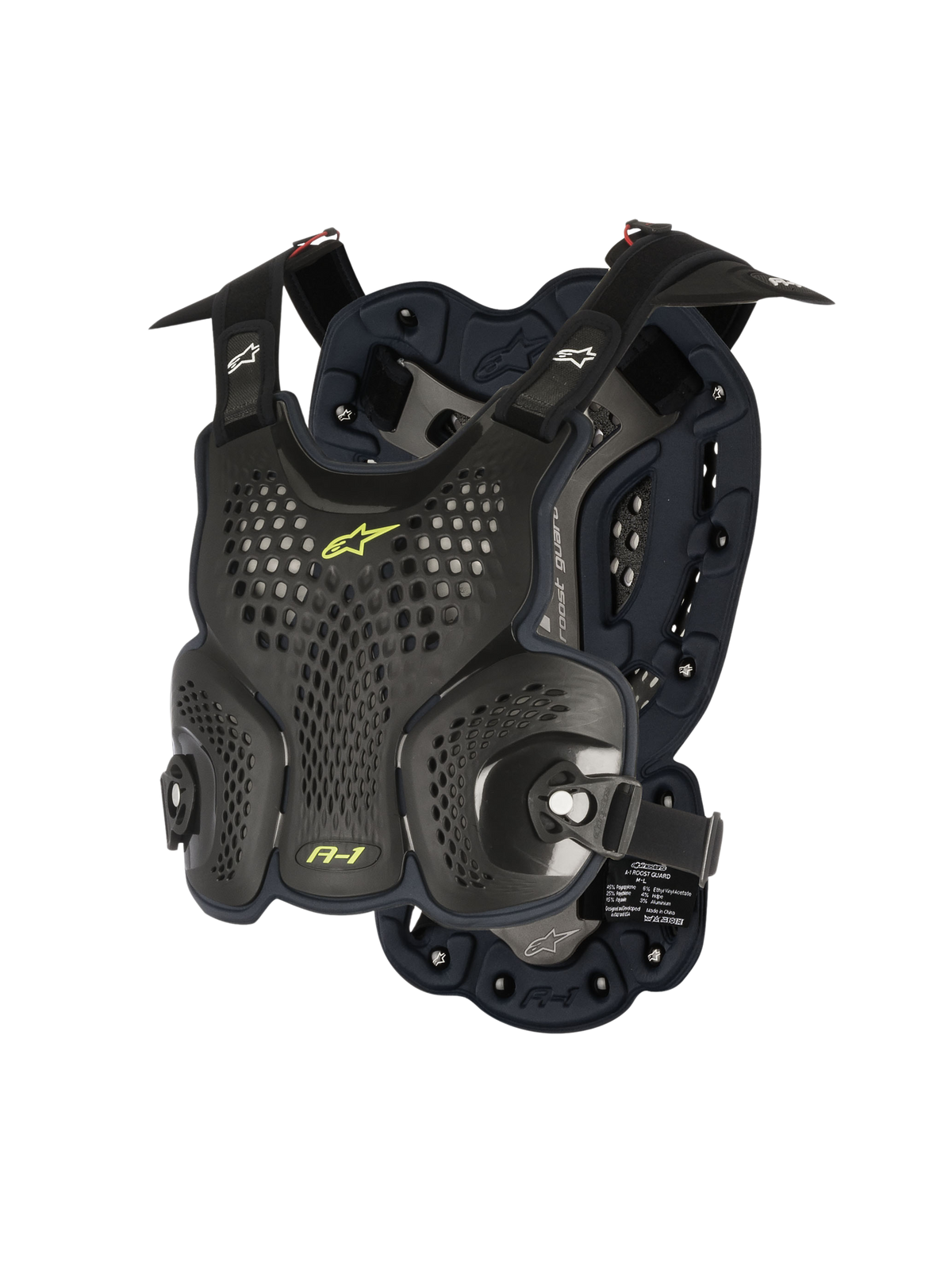 Alpinestars A-1 Roost Guard, Motocross Chest Protector, Black Anthracite with neon yellow accents, perforated honeycomb hard-shell plates, bio-foam padding, adjustable straps, lightweight off-road body armor