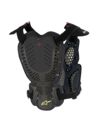 Alpinestars A-1 Roost Guard, Motocross Chest and Back Protector, Black Anthracite, rear view featuring perforated hard shell plates, red BNS logo, and lime green Alpinestars star logo with adjustable straps for off-road protection