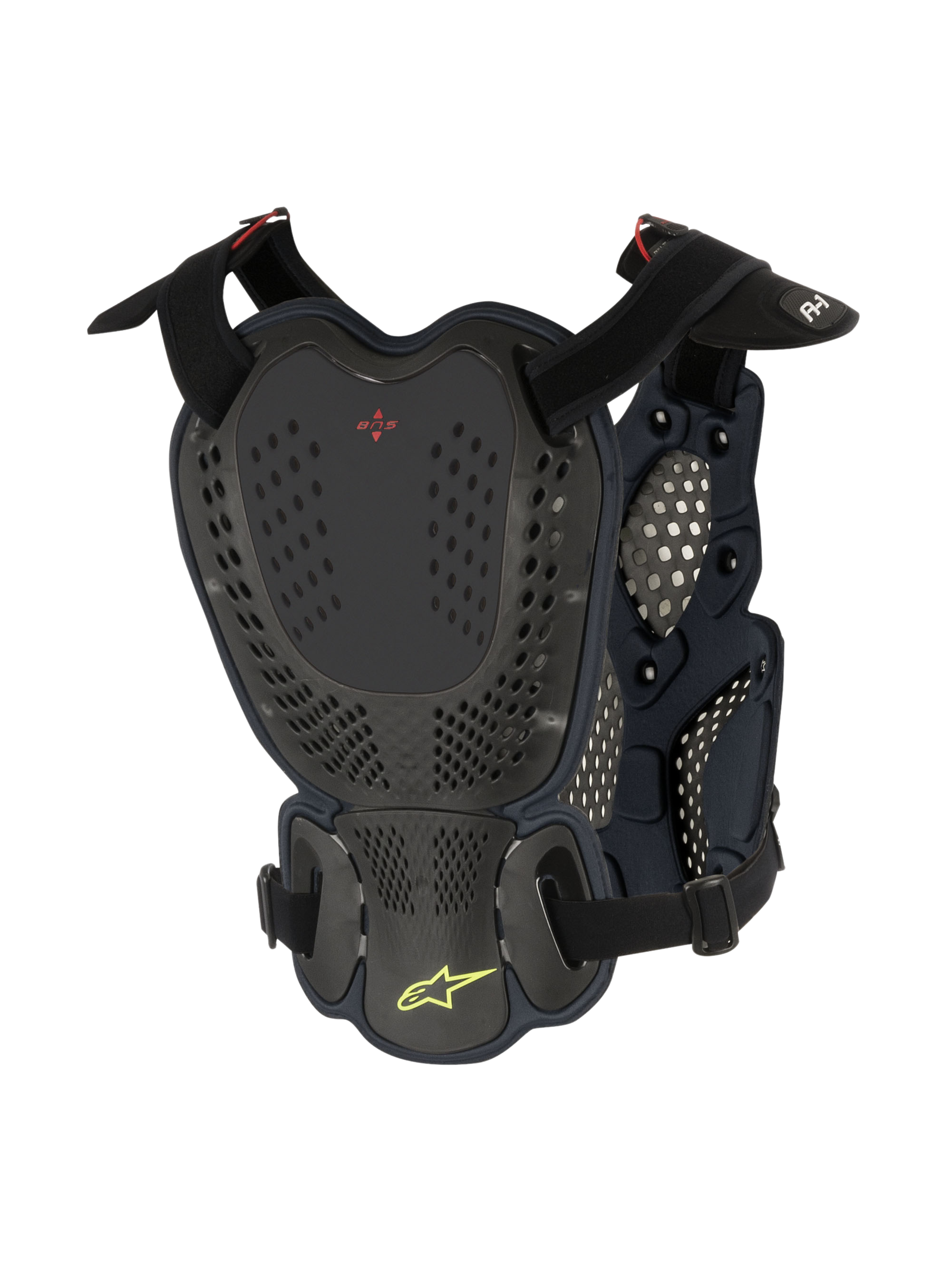 Alpinestars A-1 Roost Guard, Motocross Chest and Back Protector, Black Anthracite, rear view featuring perforated hard shell plates, red BNS logo, and lime green Alpinestars star logo with adjustable straps for off-road protection