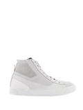 Alpinestars Stated Shoes, sapatos de motociclismo urbanos, Branco e Cinza Cool, sapatilhas de cano alto com colarinho do tornozelo em malha canelada, parte superior em nubuck e lona, sola de borracha vulcanizada branca, design retro minimalista com detalhe de logótipo vermelho na língua
