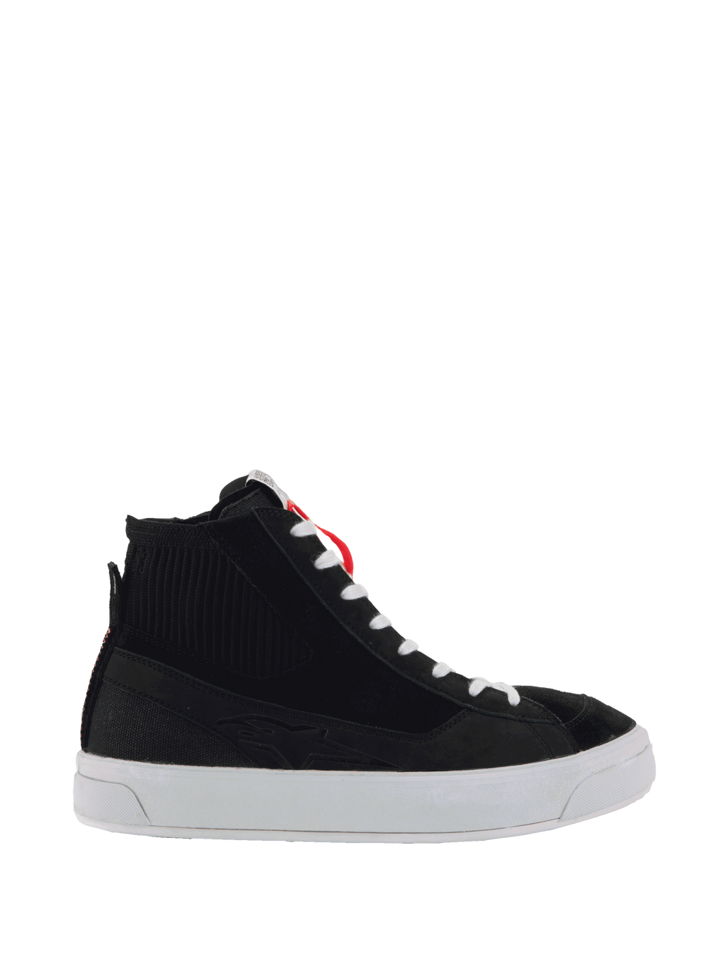 Alpinestars Stella Stated Podium Shoes, Women's High-Top Riding Sneakers, Black and White, ribbed ankle texture, white laces, thick white vulcanized sole, red heel loop, sleek urban design with embossed side pattern