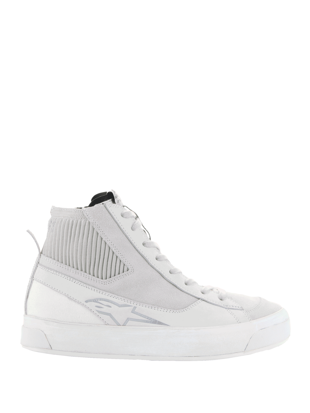 Alpinestars Stella Stated Podium Shoes, Women's High-Top Riding Sneakers, White and Cool Gray, featuring a thick white vulcanized sole, ribbed textile ankle panel, lace-up closure, and subtle logo detail, retro urban skate-inspired design
