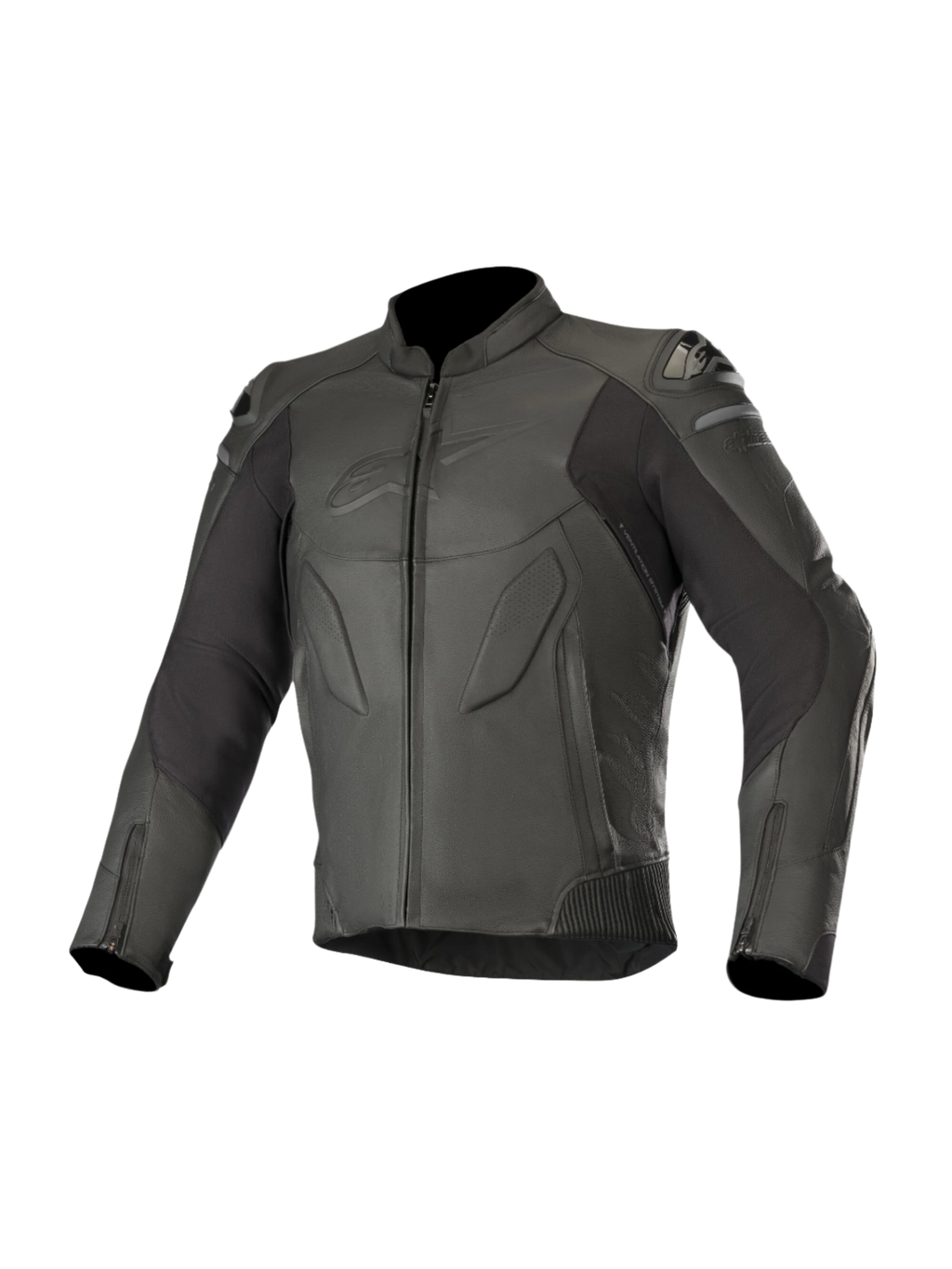 Alpinestars Caliber Leather Jacket, preto, equipamento de motociclismo de estrada, com construção em couro premium, painéis perfurados, deslizadores de ombro externos DFS, fecho frontal e nos punhos, e logótipo subtil em relevo no peito