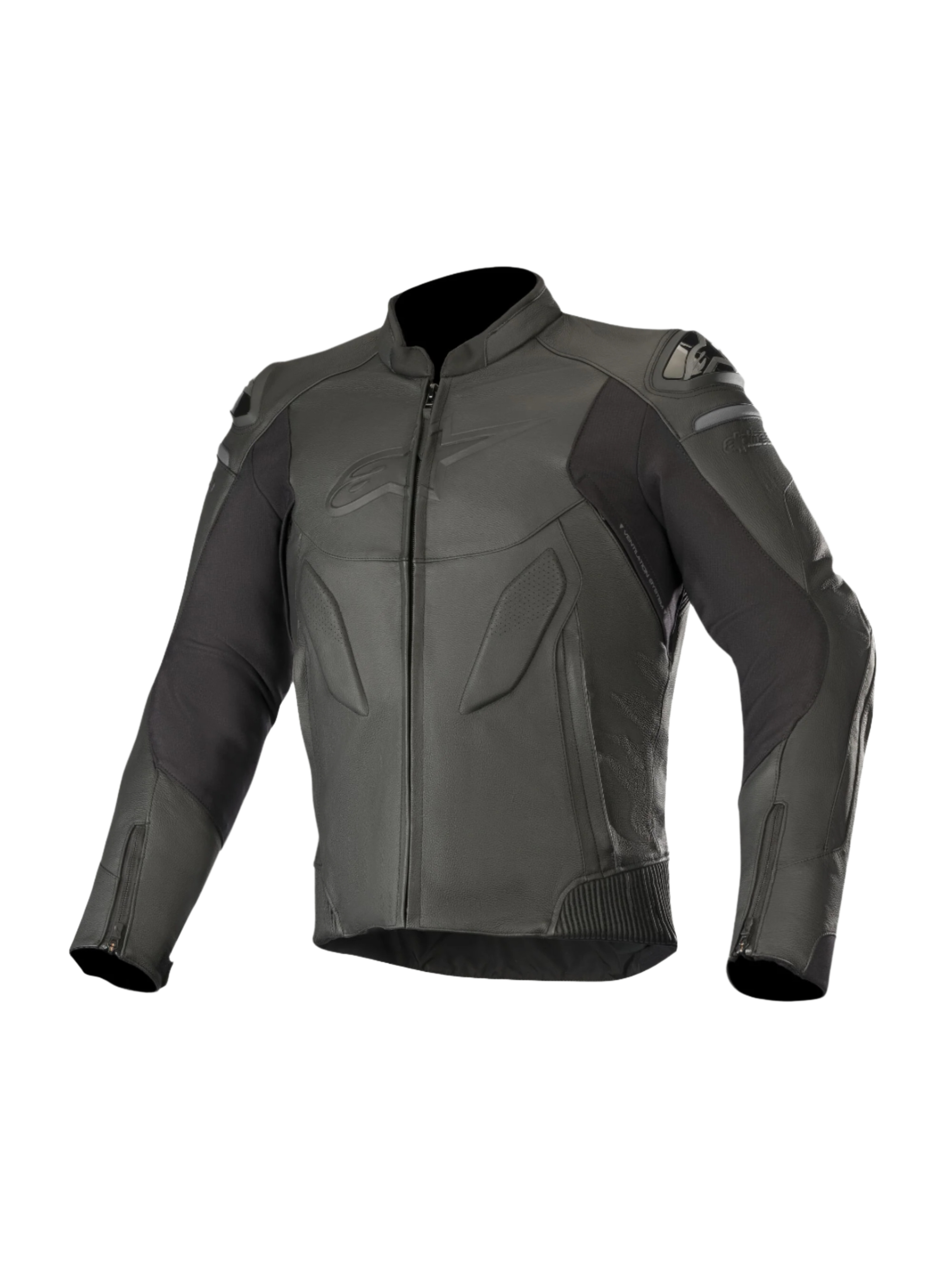 Alpinestars Caliber Leather Jacket, preto, equipamento de motociclismo de estrada, com construção em couro premium, painéis perfurados, deslizadores de ombro externos DFS, fecho frontal e nos punhos, e logótipo subtil em relevo no peito