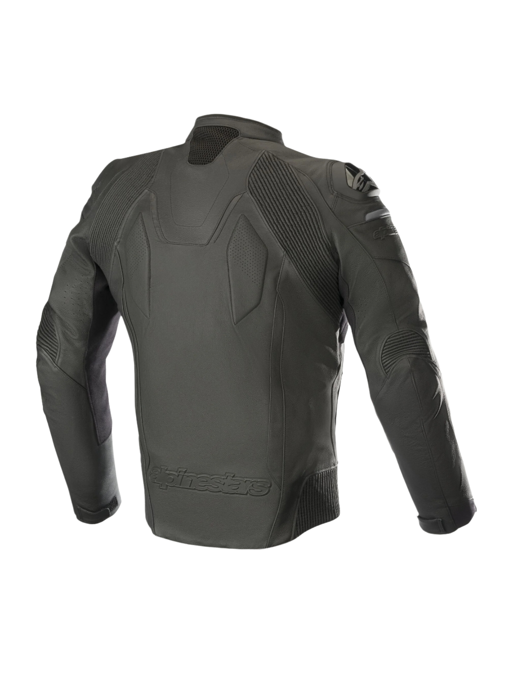 Casaco de Couro Alpinestars Caliber, preto, vista traseira, construção em couro premium, painéis de estiramento em acordeão nos ombros e cotovelos, deslizadores de ombro DFS externos e marca Alpinestars em relevo na parte inferior das costas