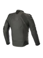 Casaco de Couro Alpinestars Caliber, preto, vista traseira, construção em couro premium, painéis de estiramento em acordeão nos ombros e cotovelos, deslizadores de ombro DFS externos e marca Alpinestars em relevo na parte inferior das costas